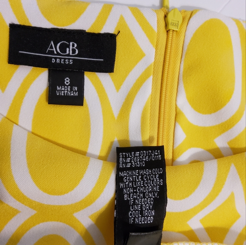 AGB DRESS SZ 8 SHEATH DRESS STRETCH YELLOW GEO PRINT SLEEVELESS BOAT NECK - Picture 9 of 9